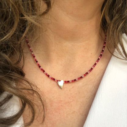 Red Ombre Seed Bead Necklace With Sterling Silver Heart Pendant