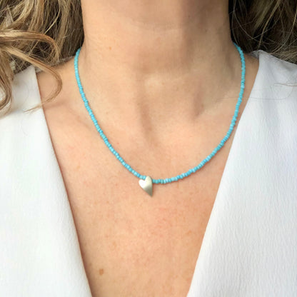 Turquoise Seed Bead Necklace With Sterling Silver Heart Pendant