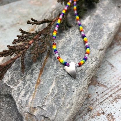 Pride Seed Bead Necklace With Sterling Silver Heart Pendant