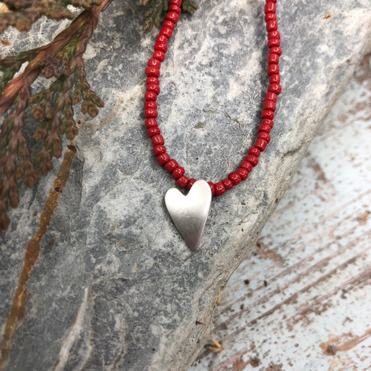Red Seed Bead Necklace With Sterling Silver Heart Pendant