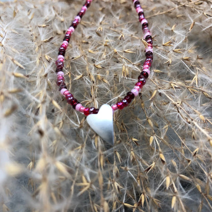 Red Ombre Seed Bead Necklace With Sterling Silver Heart Pendant