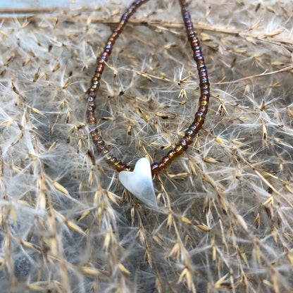 Rainbow Rootbeer Seed Bead Necklace With Sterling Silver Heart Pendant