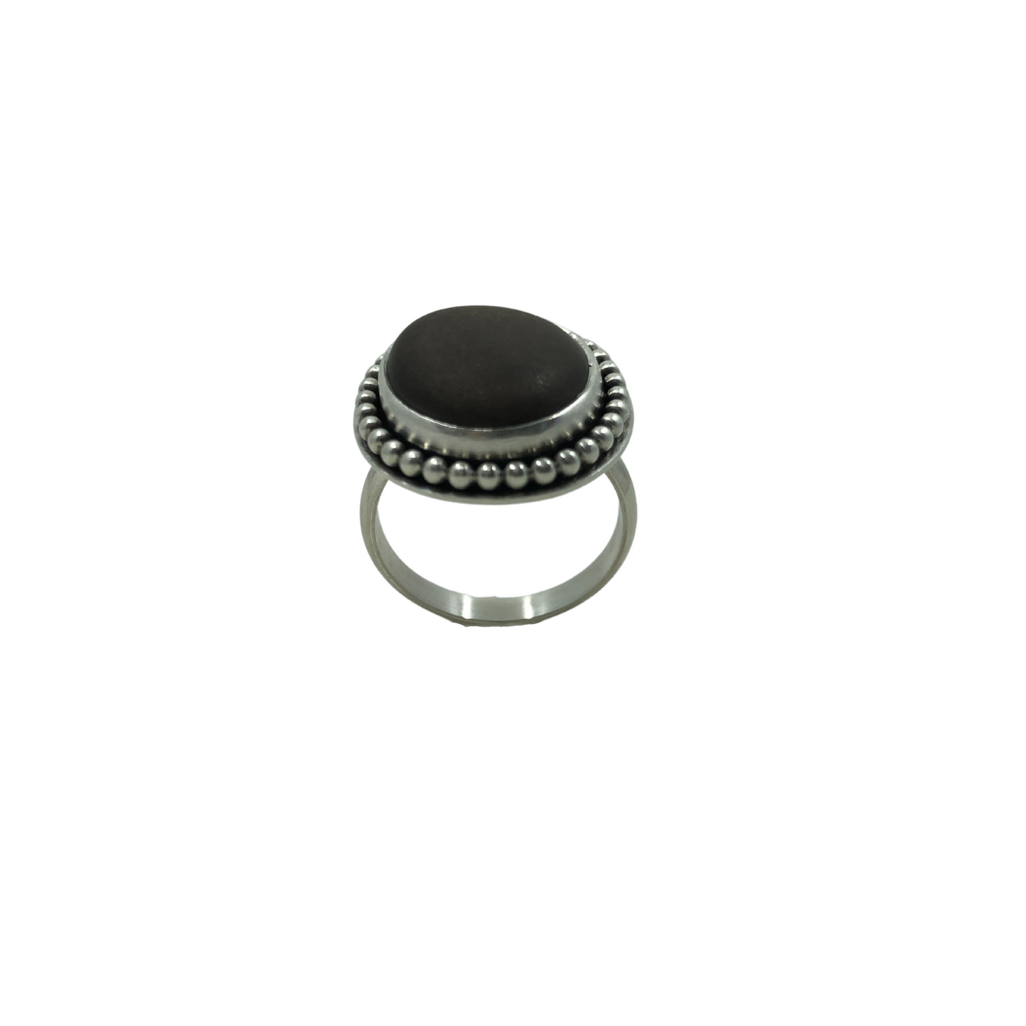 Large Sterling Silver Ring with Brown Beach Stone & Bead Detailing