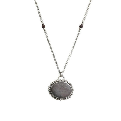 Sterling Silver & Burgundy/ Purple Beach Stone Pendant with Garnet Accent