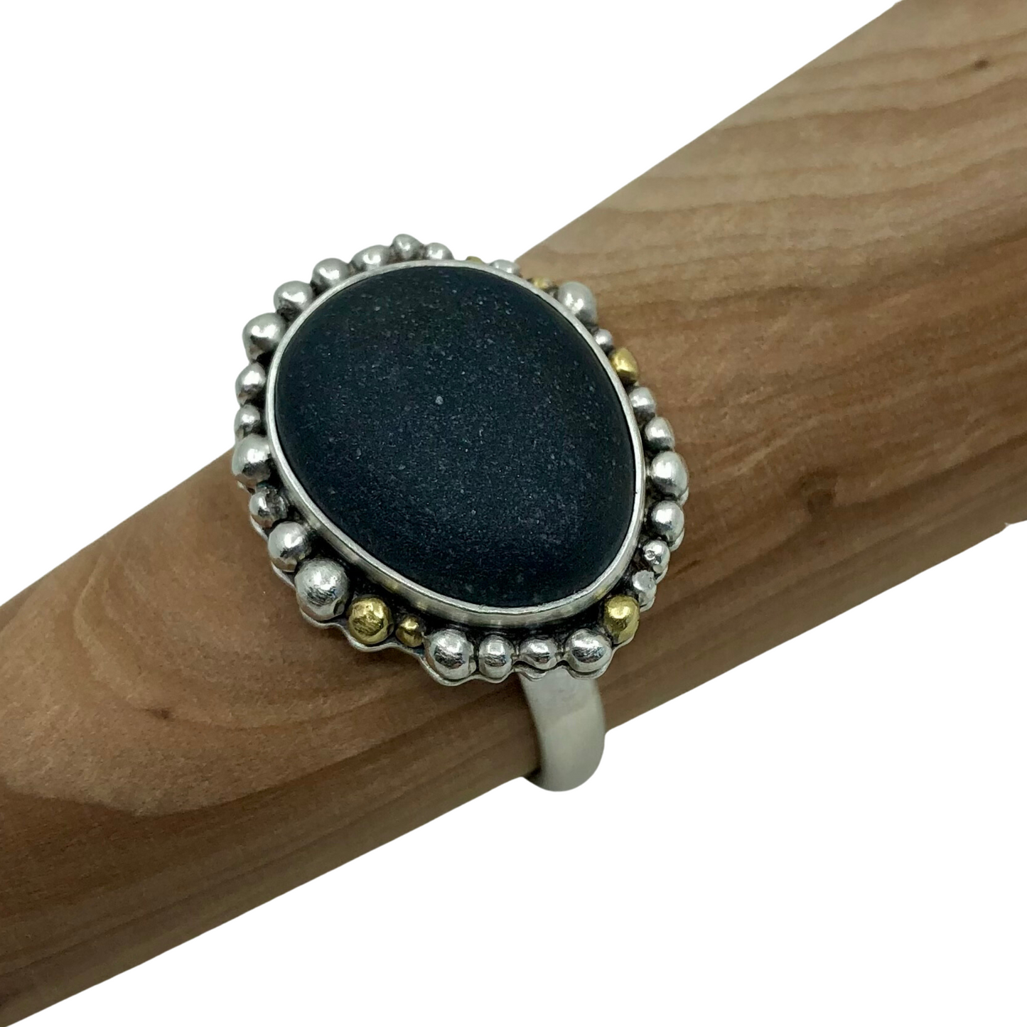 Sterling Silver Ring with Beach Stone and Granulation Detail, medium