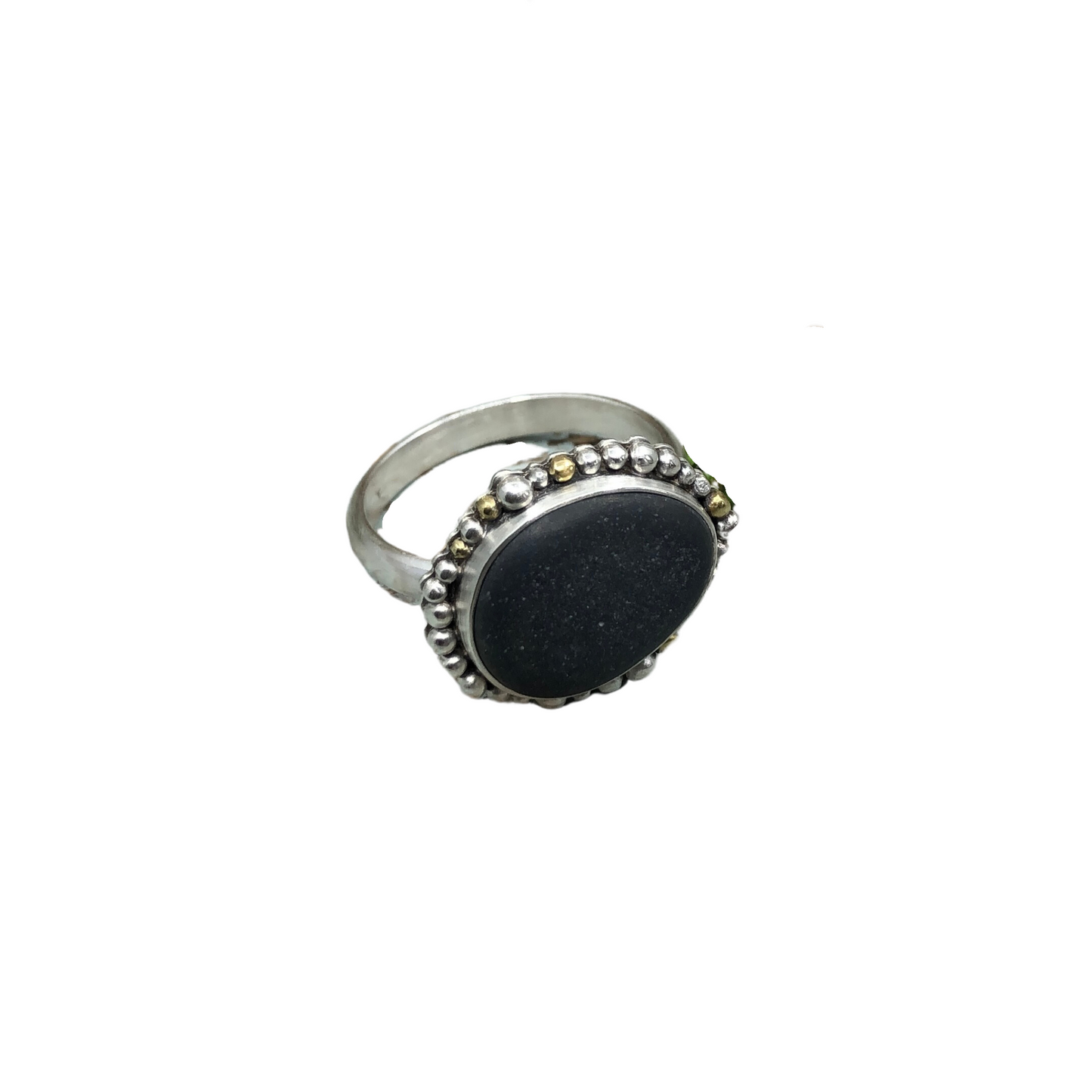 Sterling Silver Ring with Beach Stone and Granulation Detail, medium