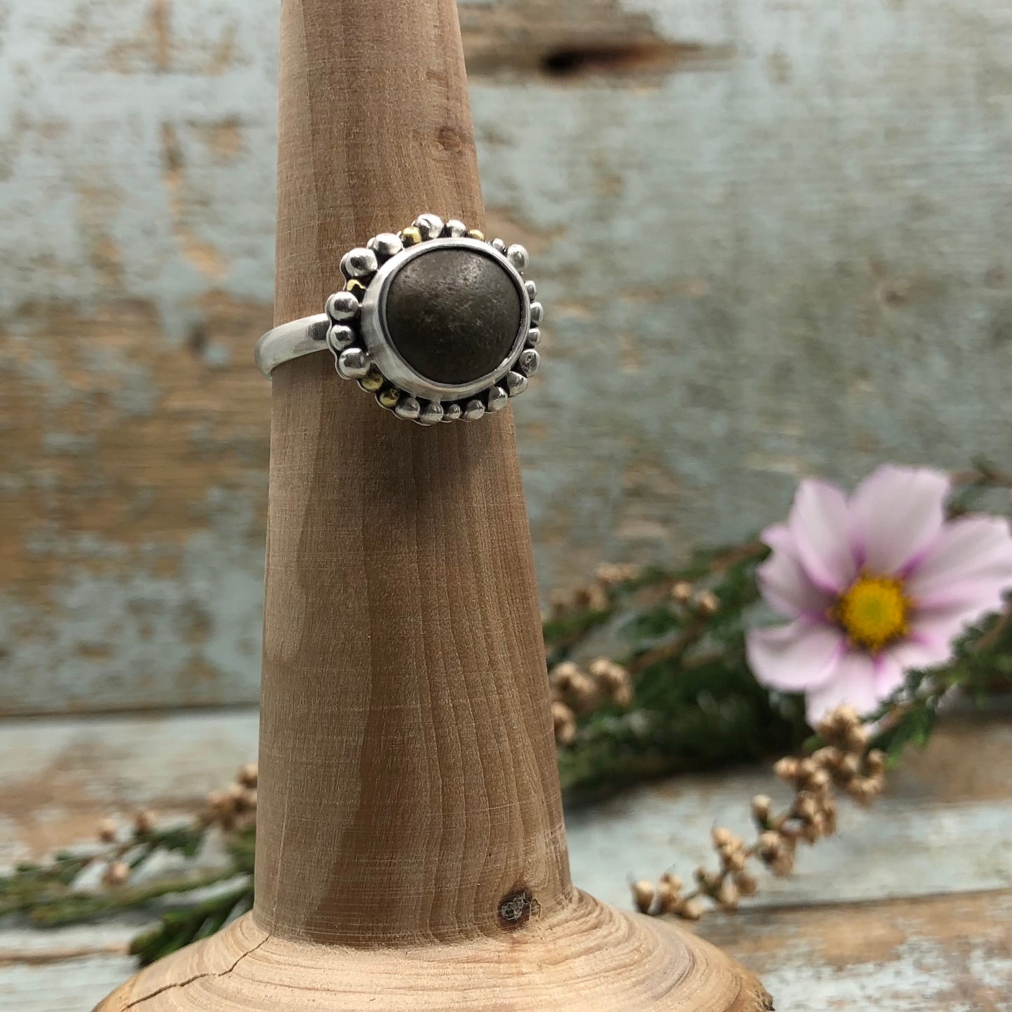Small Sterling Silver Ring with Brown Beach Stone and Granulation Detail