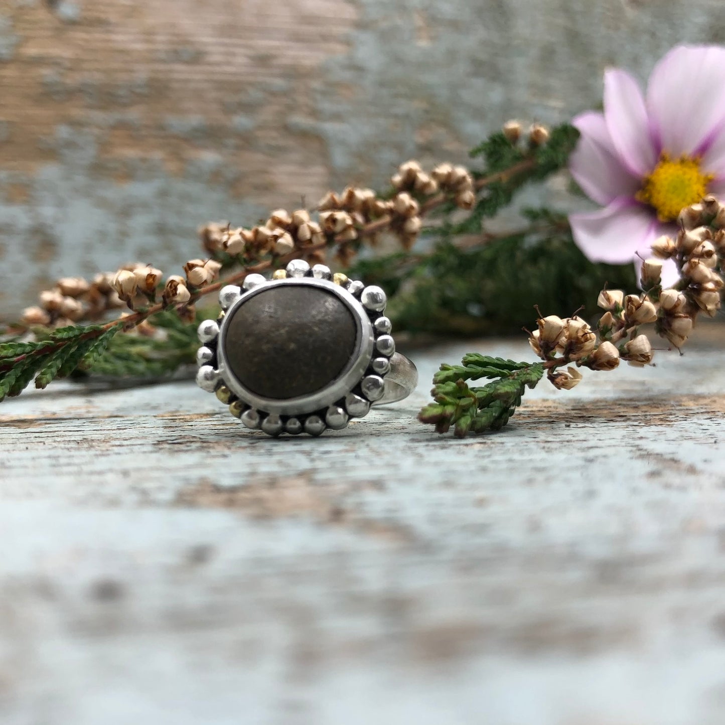 Small Sterling Silver Ring with Brown Beach Stone and Granulation Detail