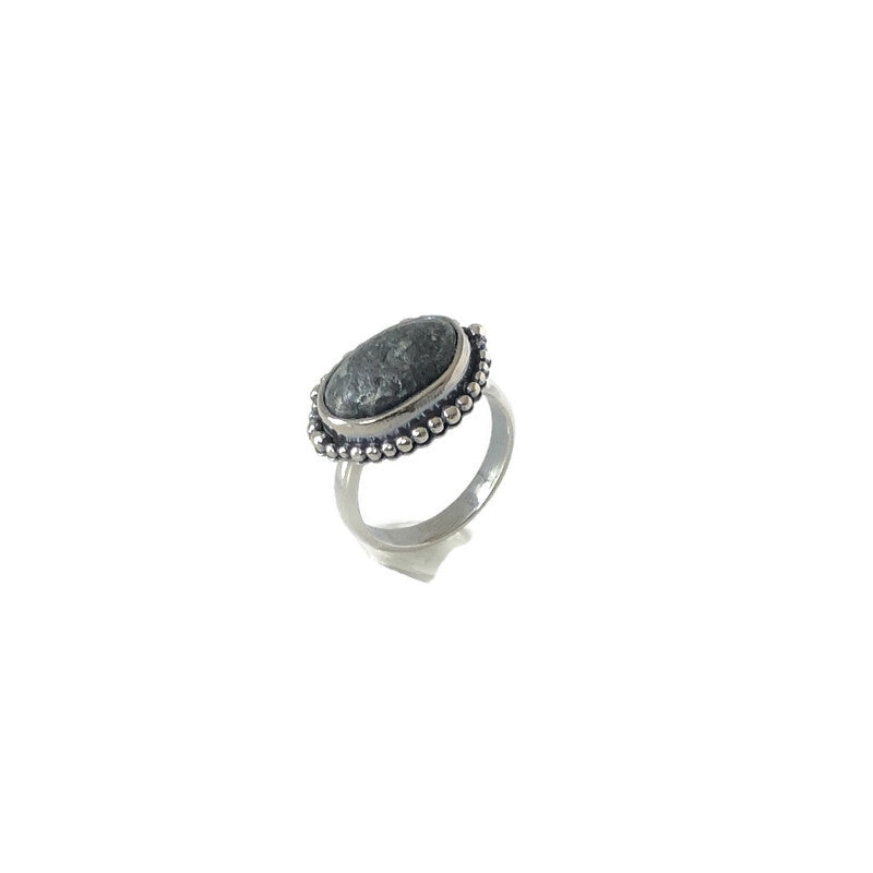 Sterling Silver Ring with Oval Beach Stone & Granulation Detail