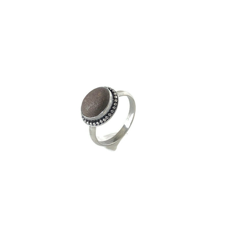 Sterling Silver, Brown Beach Stone & Tiny Granulation Ring