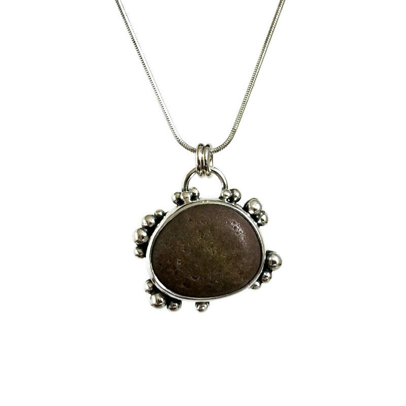 Sterling Silver and Brown Beach Stone Pendant with Granulation