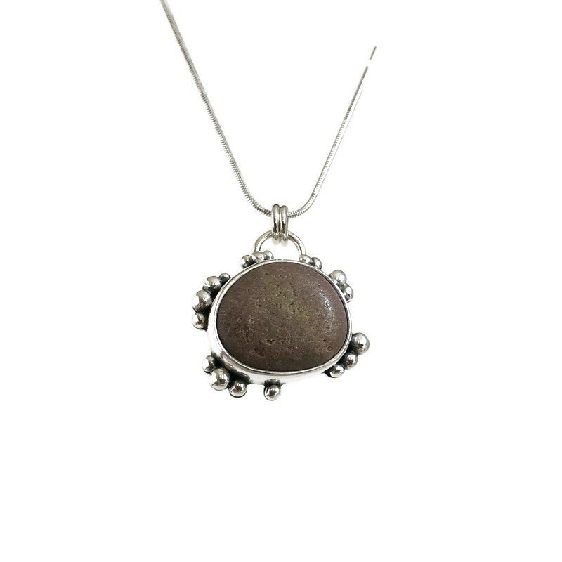 Sterling Silver and Brown Beach Stone Pendant with Granulation
