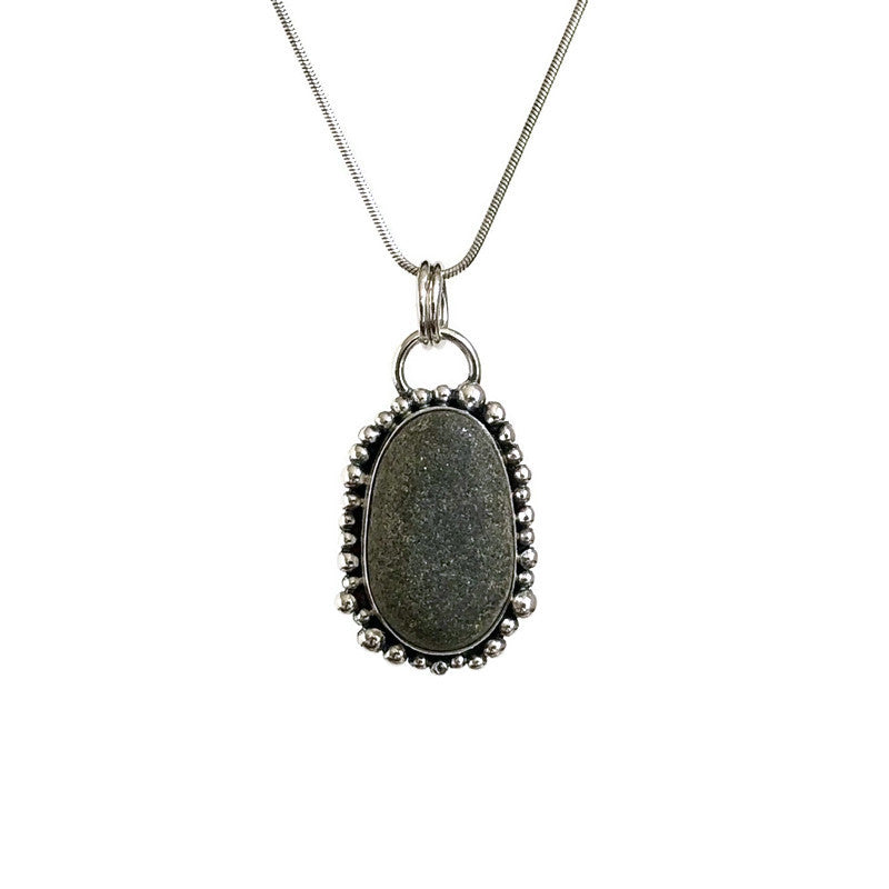 Sterling Silver and Oval Beach Stone Pendant with Small Granulation