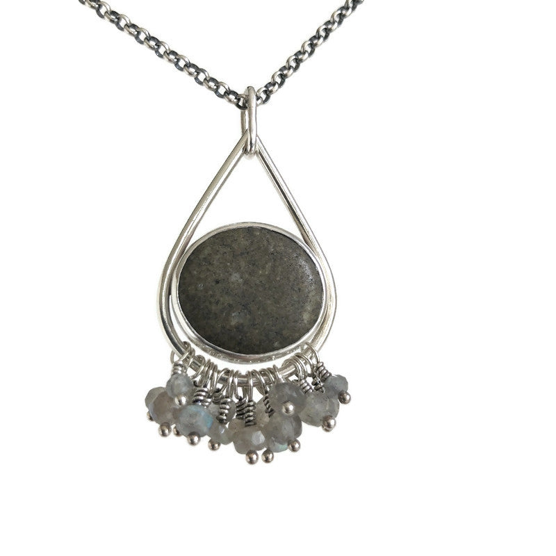 Teardrop Chandelier Pendant- Sterling Silver, Beach Stone & Labradorite