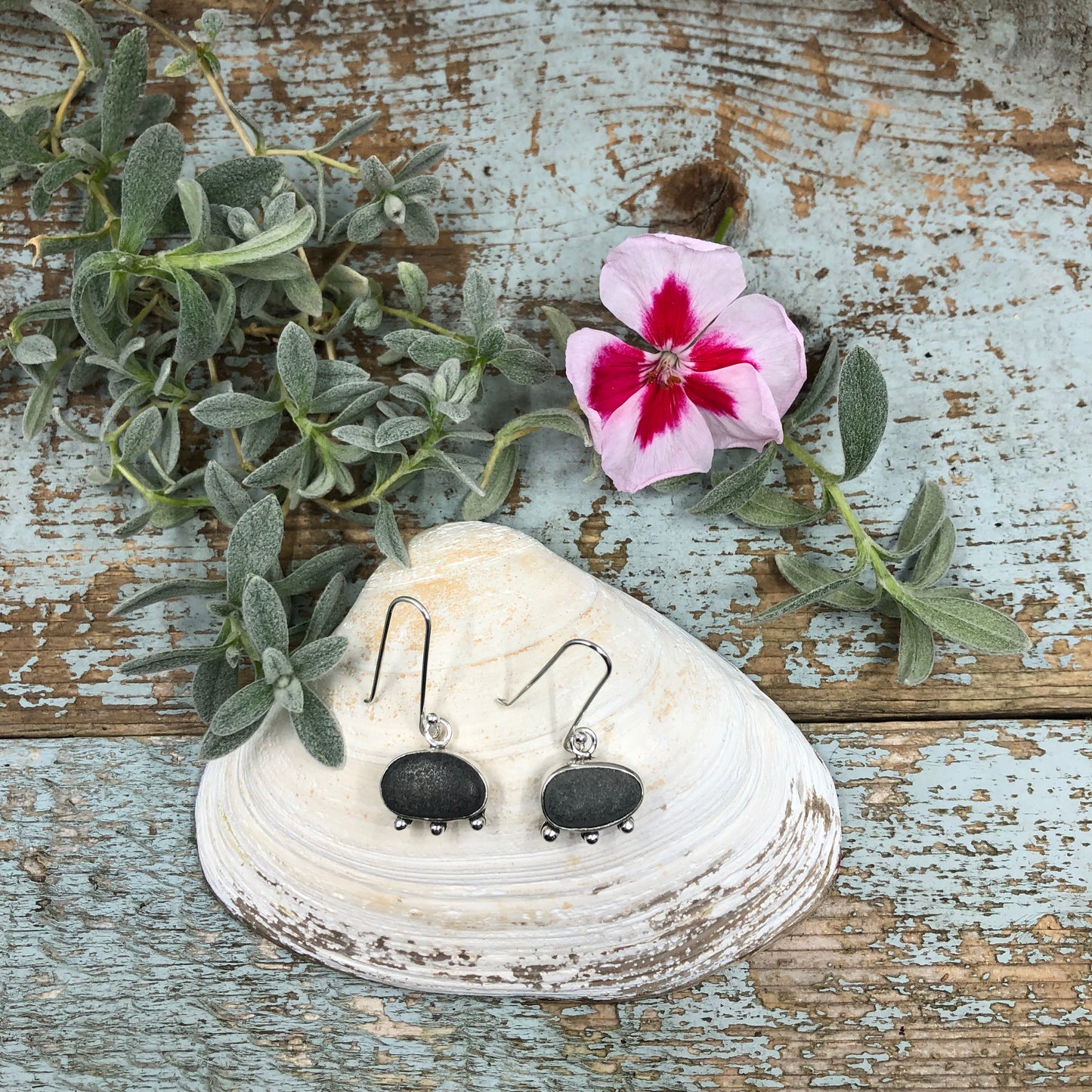 Simple Beach Stone Earrings with Granule Trio Detailing